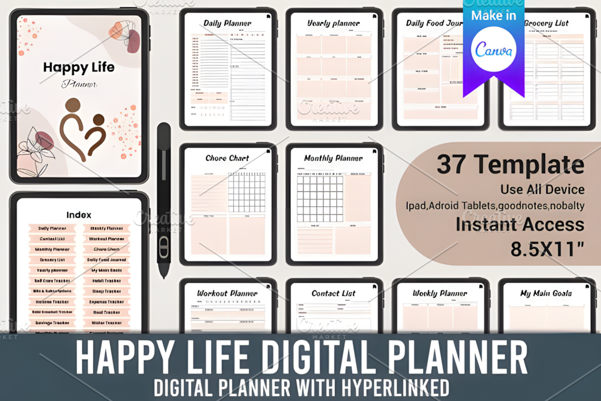 Happy Life Digital Planner Canva, a Social Media Template by Coco Bloom (Photo 1 of 5)