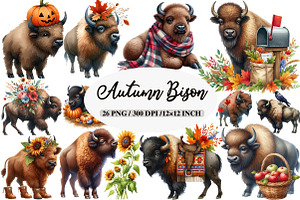 Watercolor Autumn Bison Clipart Bund, an Illustration by Daily.Designs