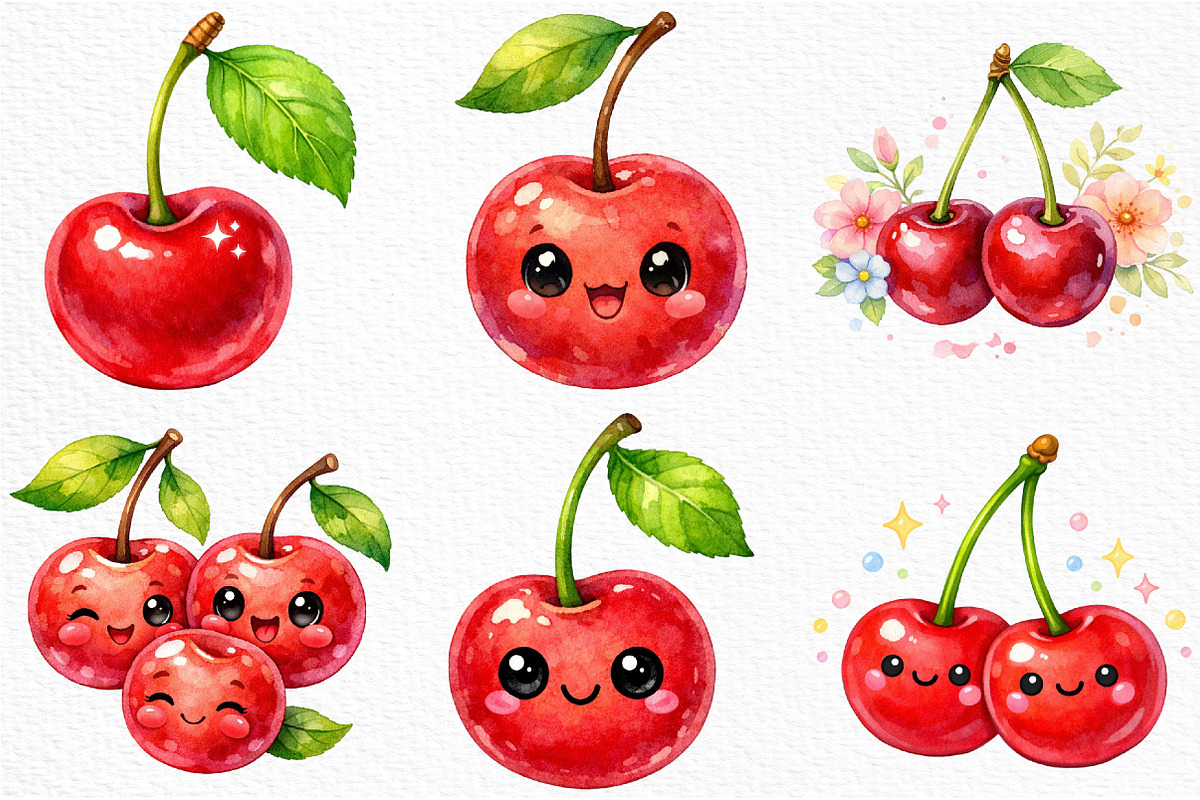 Watercolor Cherry Clipart Set PNG, an Illustration by Craft Nest (Photo 3 of 5)