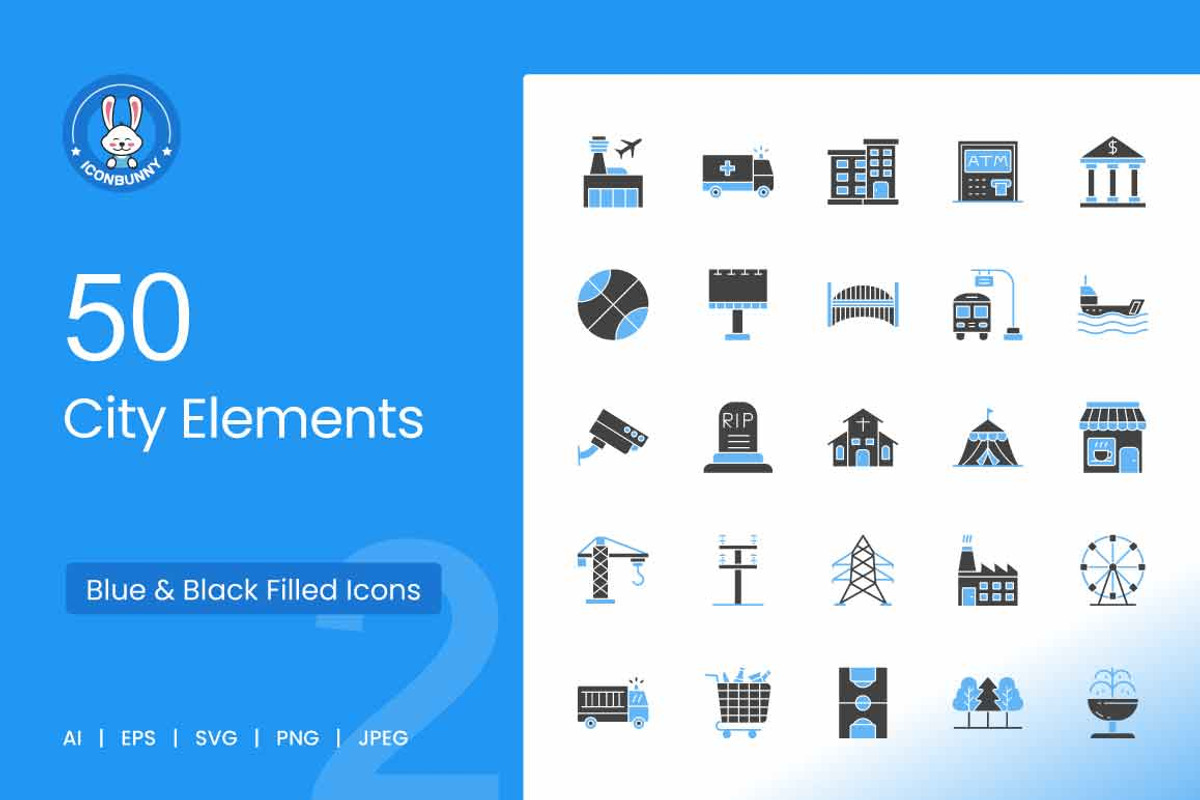 50 City Elements Blue & Black Icons, an Icon by IconBunny (Photo 1 of 2)