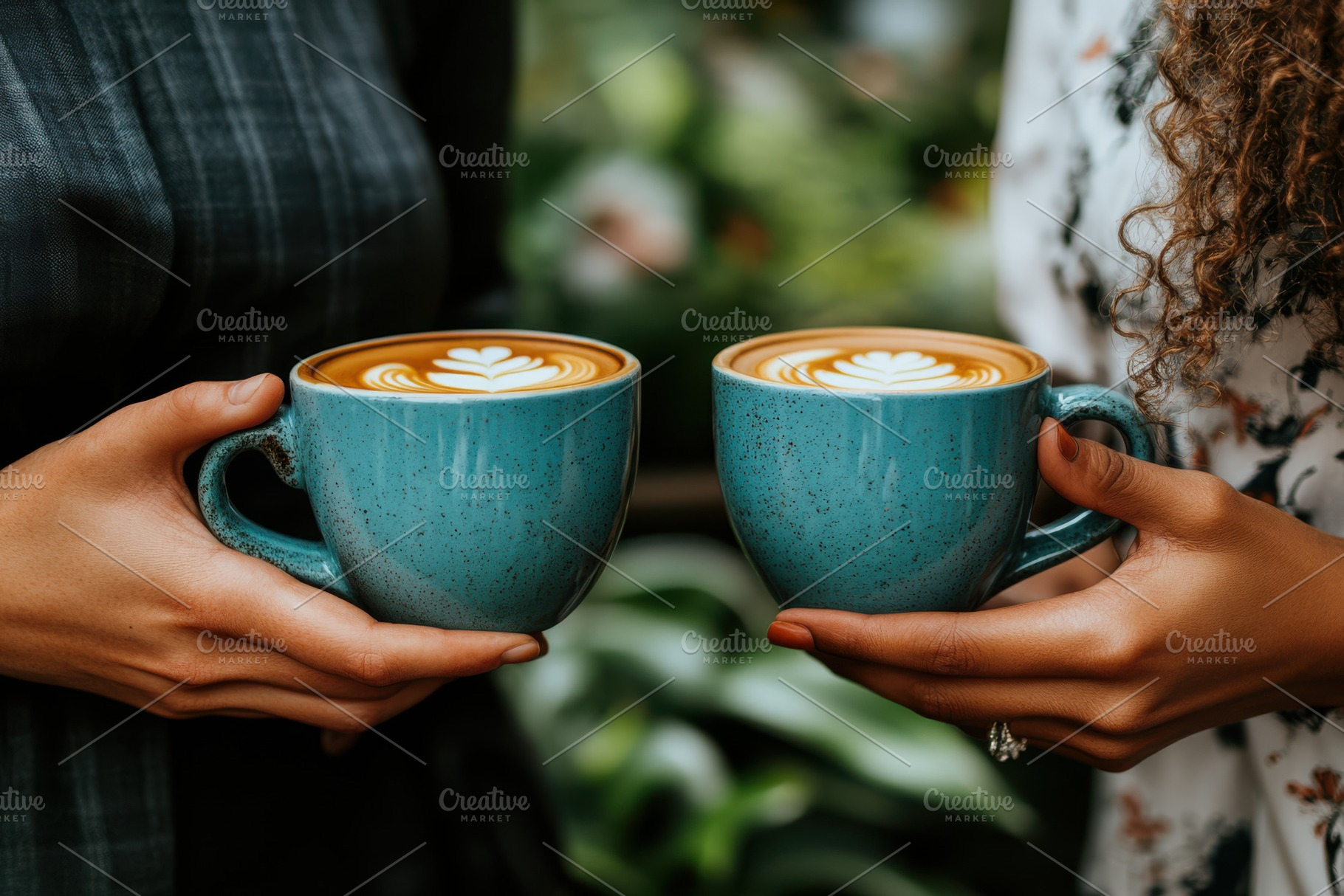 Two women sharing teal coffee cups l, a Food & Drink Photo by Pixeness Studio