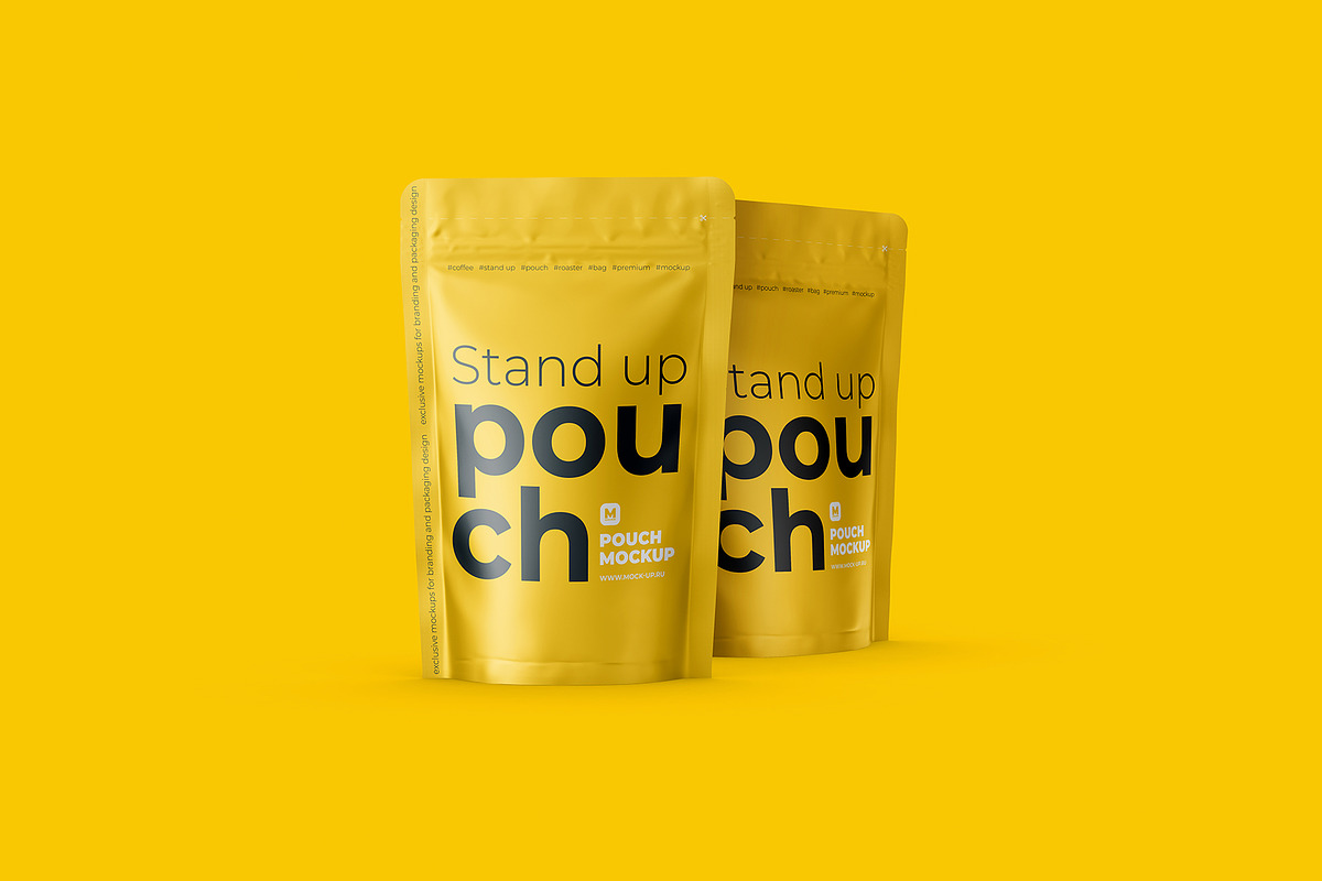 Stand Up Pouch Front and Half Side, a Cups & Container Mockup by easymock (Photo 7 of 12)
