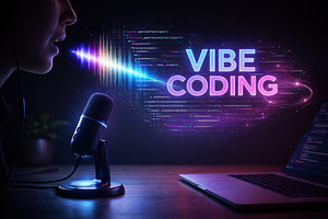 Voice Vibe coding education concept with microphone and digital, a Photo by Dvoevnore photos
