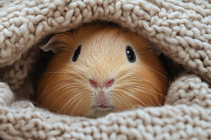 Snug guinea pig peeks from warm, bei, an Animal Photo by Pixeness Studio
