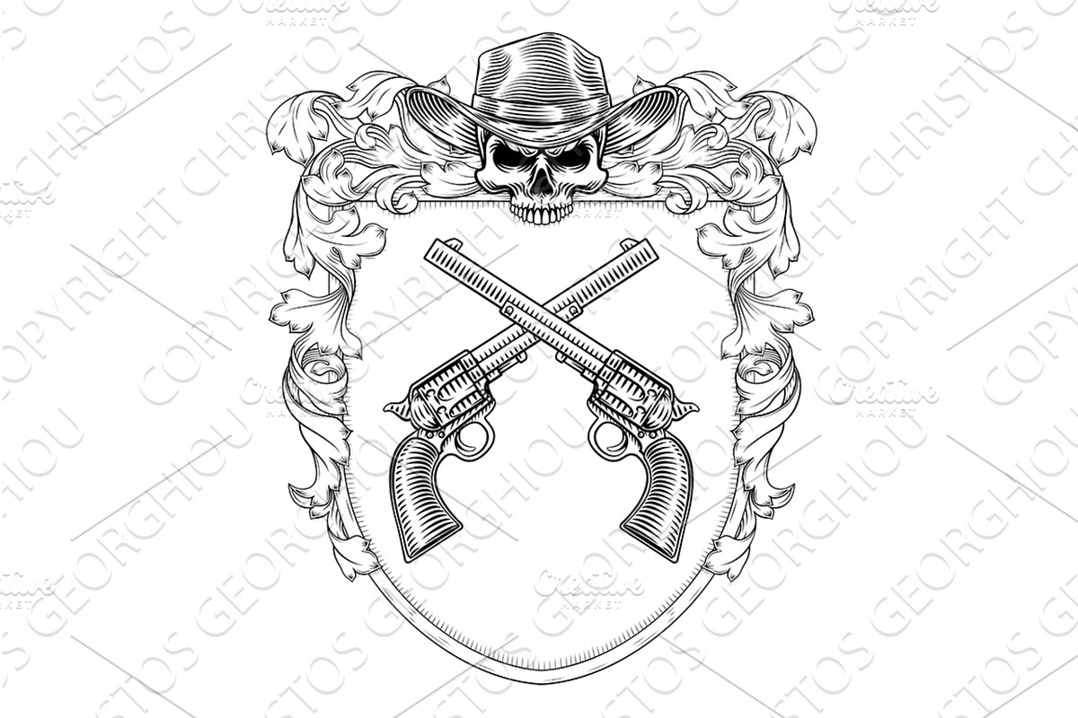 Cowboy Skull Guns Crest Coat of Arms, an Illustration by Christos Georghiou