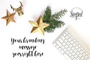keyboard, gold, christmas flatlay