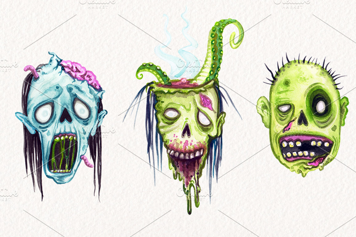 Watercolor Zombie Heads, an Illustration by Dapper Dudell (Photo 3 of 4)