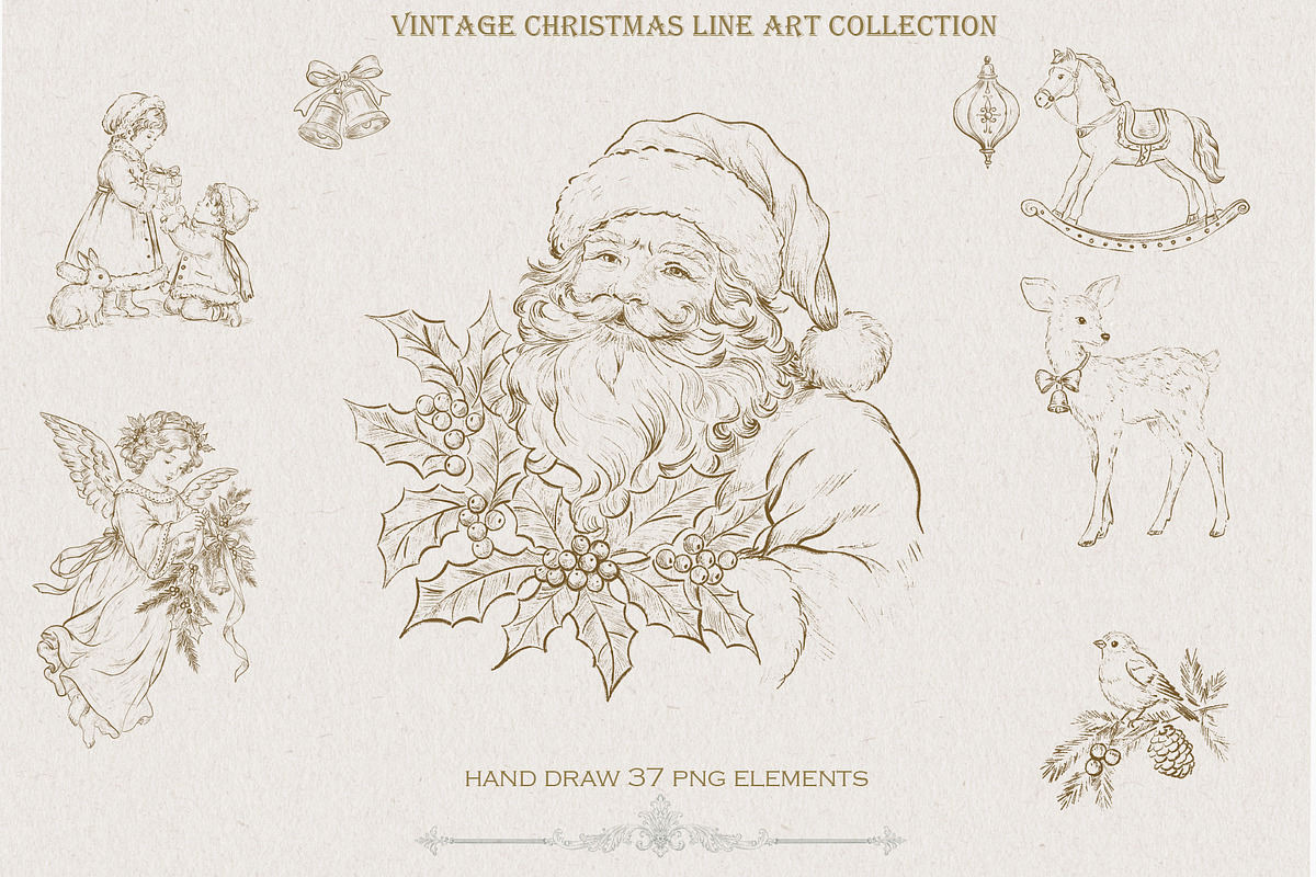 Victorian Line Art Christmas Set, a Decorative Illustration by AlenaVlasko stock Market (Photo 1 of 13)