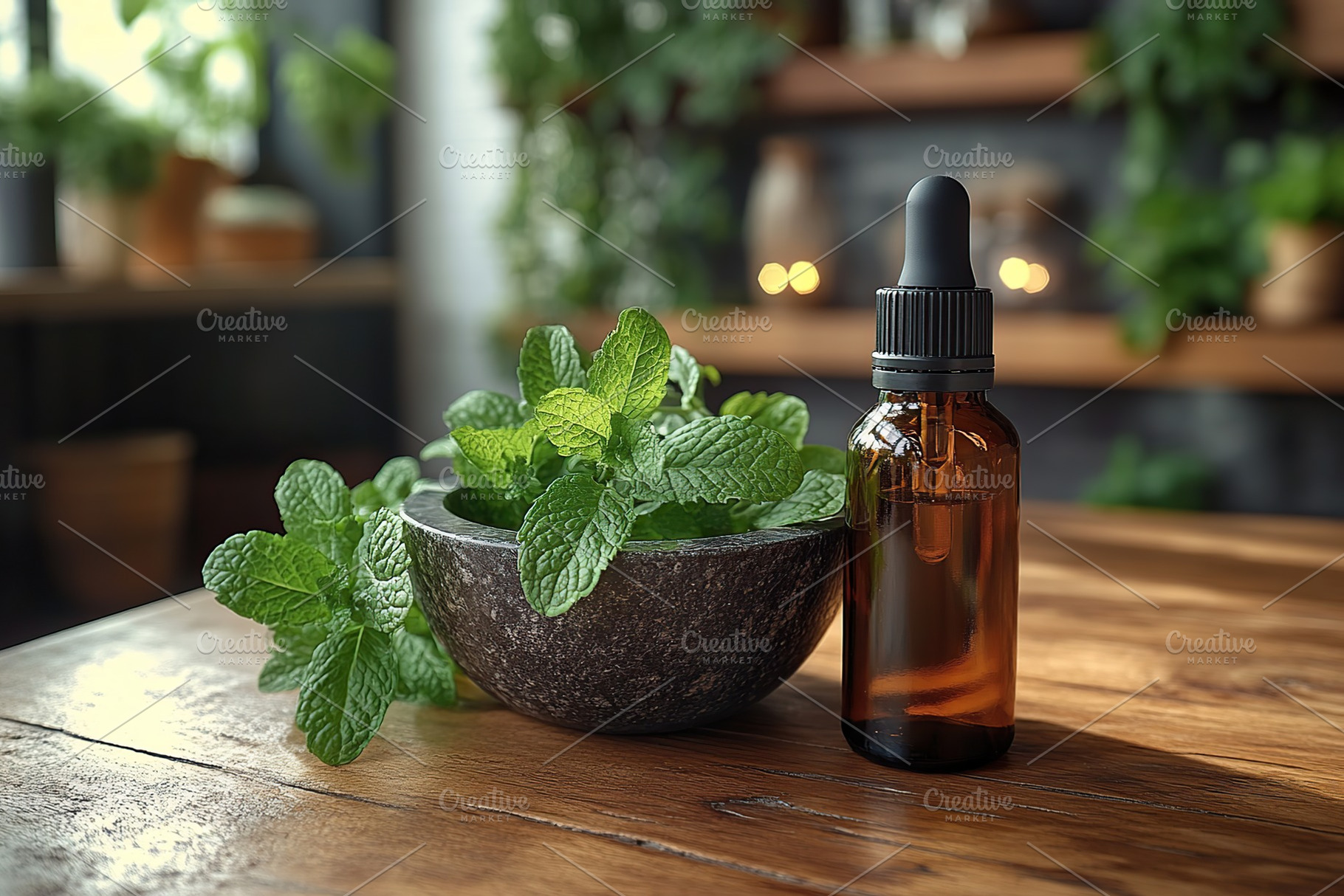 Small bottle of mint essential oil with mint leaves in mortar, a Food & Drink Photo by AlyaAnd
