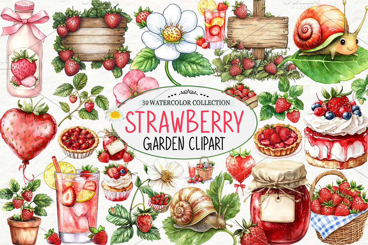 Strawberry Garden Clipart, an Illustration by Watercolor design (Photo 1 of 4)