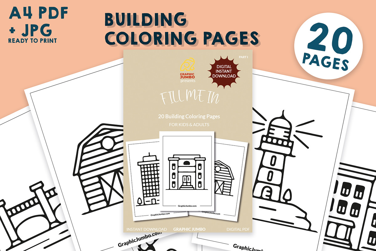 20 Pages Building Coloring Pages, an Animal Illustration by Design Unique