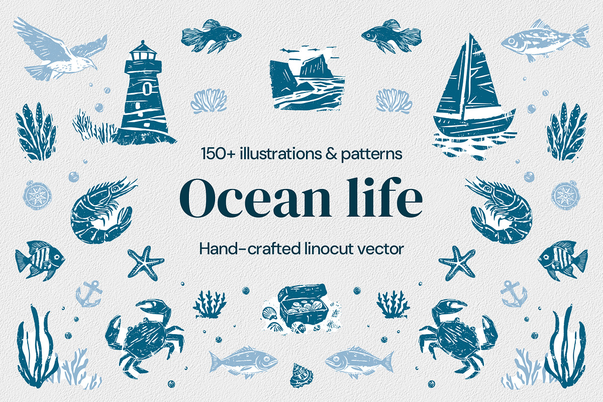 Ocean Life | Linocut collection, a Pattern Graphic by SappiStudio (Photo 1 of 21)