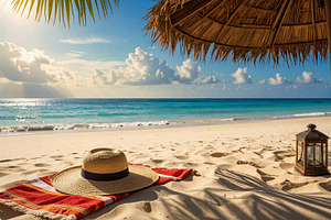 Tropical Beach Umbrella and Hat at Sunrise, a Sports & Recreation Photo by Davizro's Market