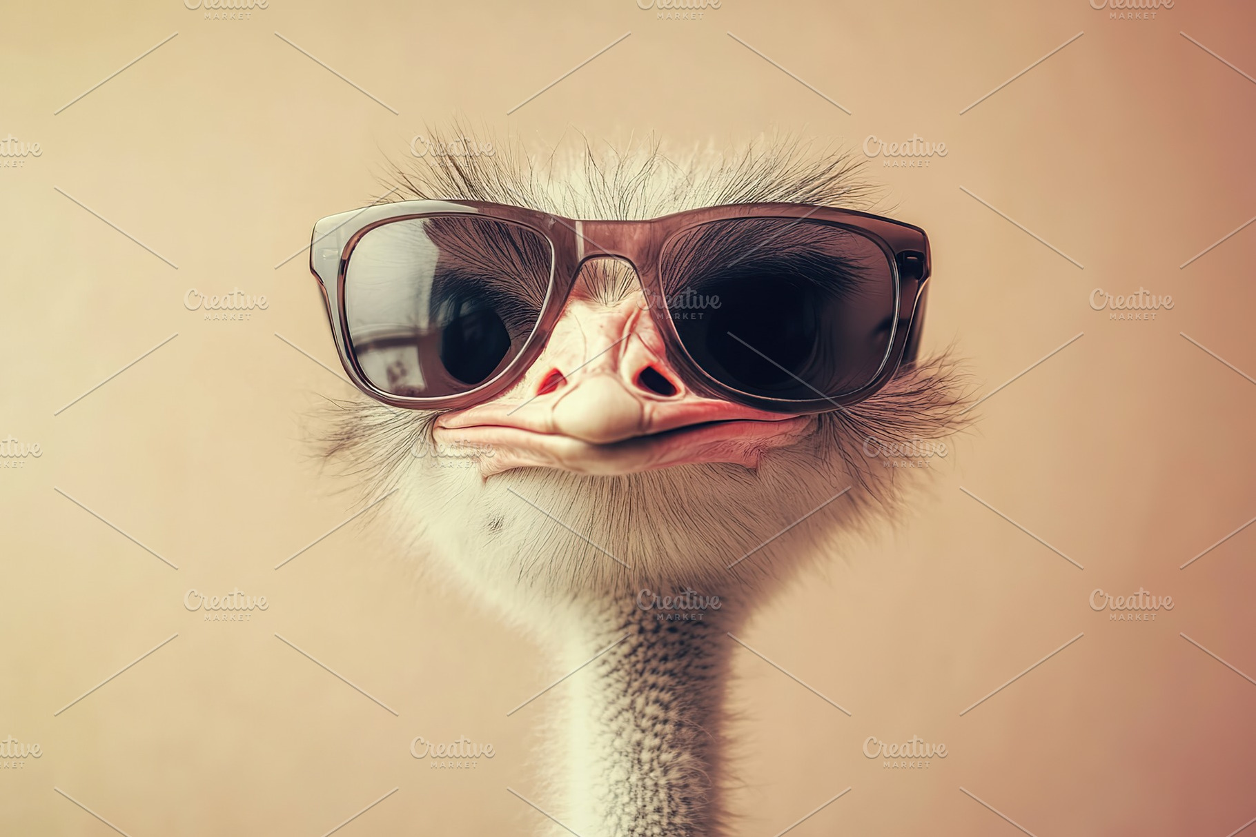 Ostrich sporting stylish sunglasses in a playful pose against a soft backdrop, an Animal Photo by AlyaAnd