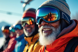 A group of smiling skiers in colorfu, a Photo by angellodeco