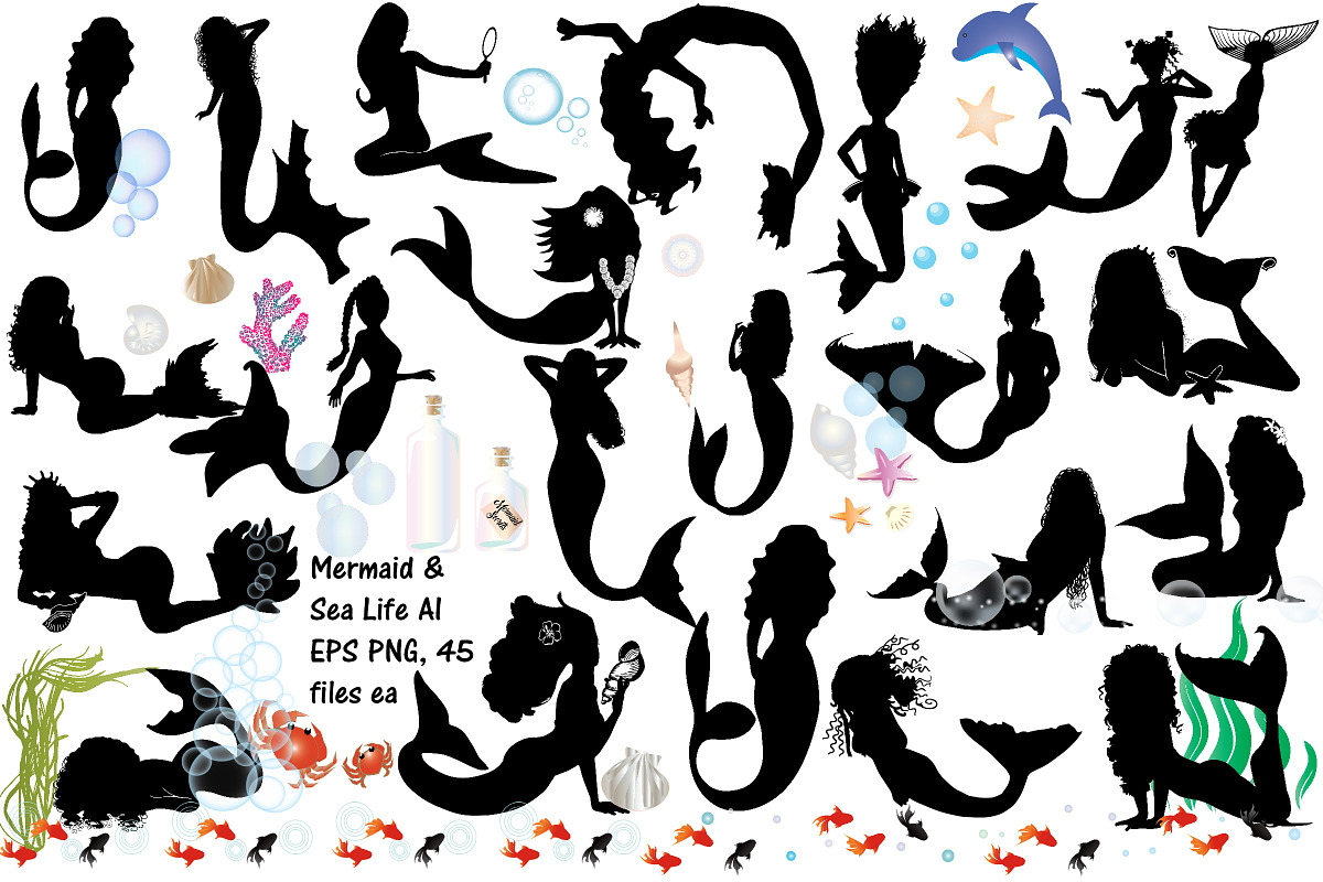 Mermaid Silhouette AI EPS PNG, a Work Illustration by FrankiesDaughtersDesign (Photo 1 of 9)