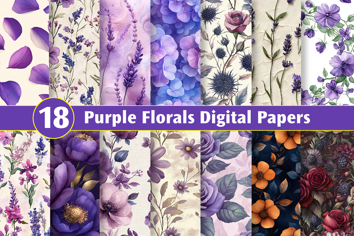 Purple Florals Digital Papers, a Texture Illustration by Dream Creation (Photo 1 of 4)