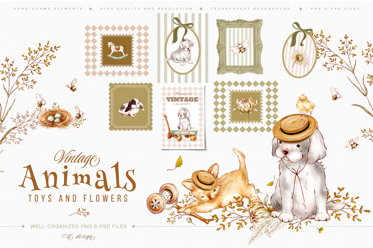 Vintage Animals Toys and Flowers, an Animal Illustration by TL Design (Photo 1 of 8)