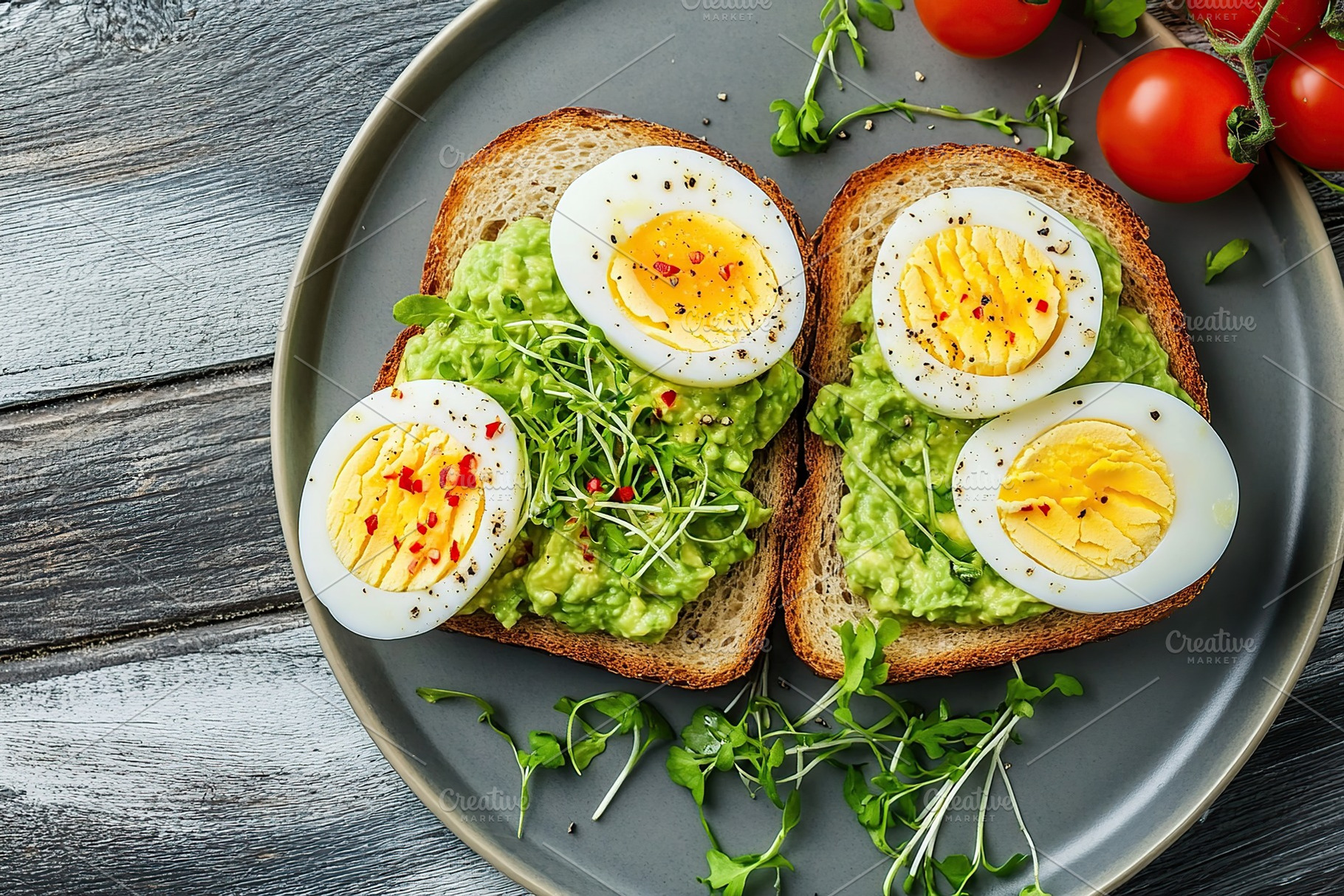 Delicious toast bread with avocado, boiled egg, tomatoes and microgreen, a Food & Drink Photo by AlyaAnd