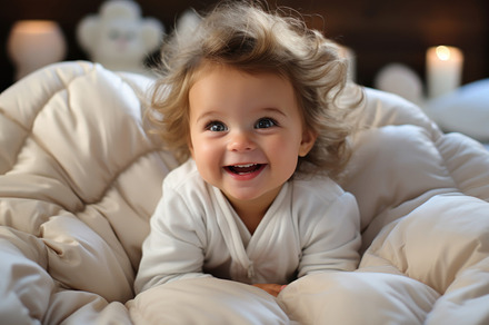 Cute baby girl with curly hair lying on bed at home., a Person Photo by AS photostudio