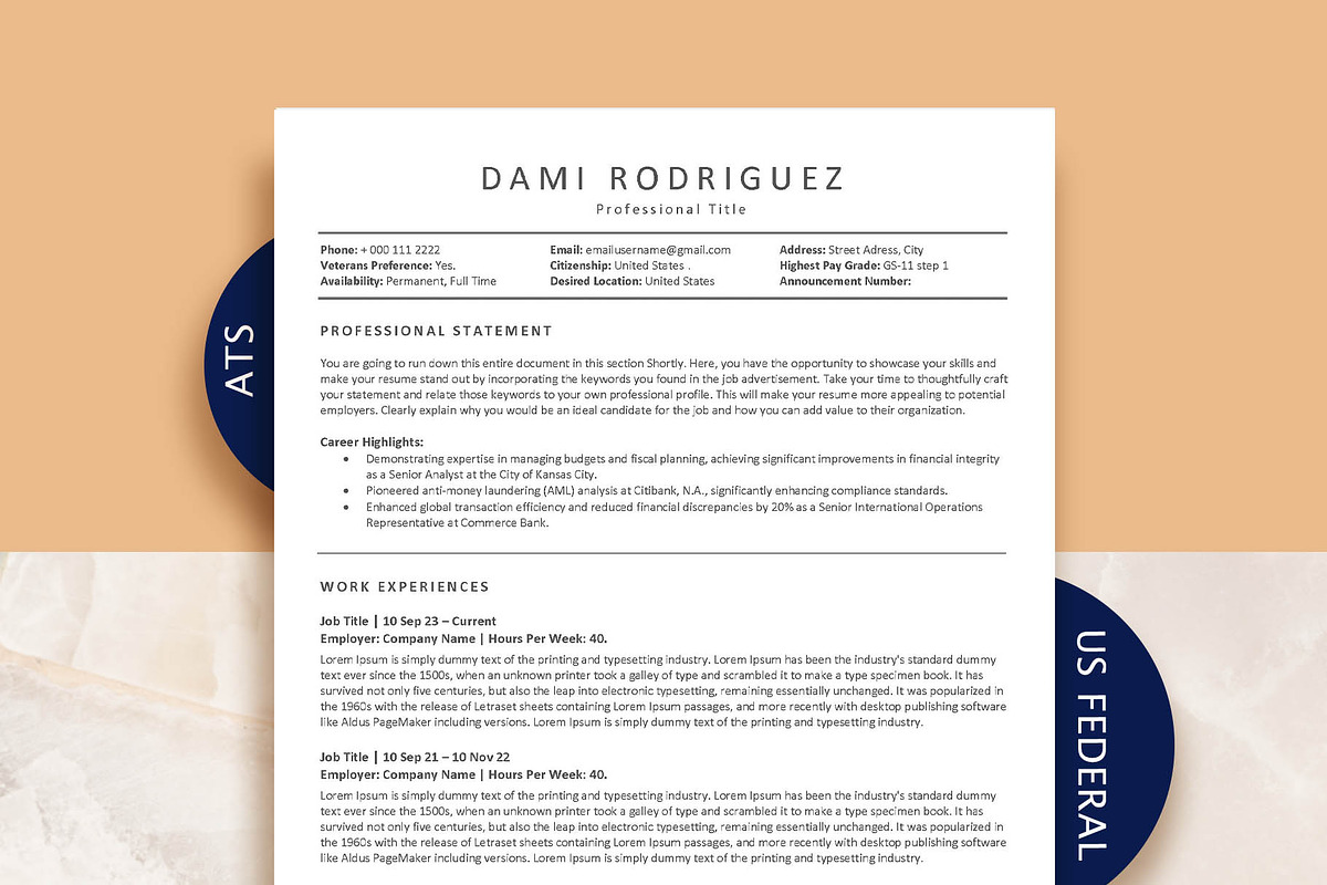 Federal Resume, ATS Resume Template, USA Jobs Resume, Government Job