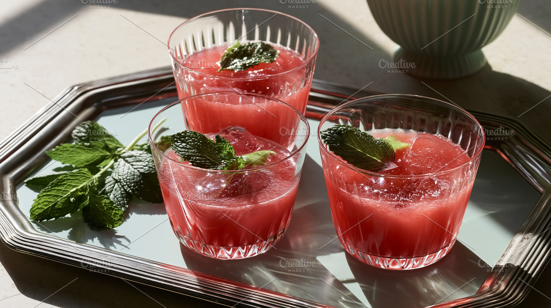 Refreshing watermelon mint cocktails with ice cubes on a serving tray, perfect, a Photo by Studio ANNA