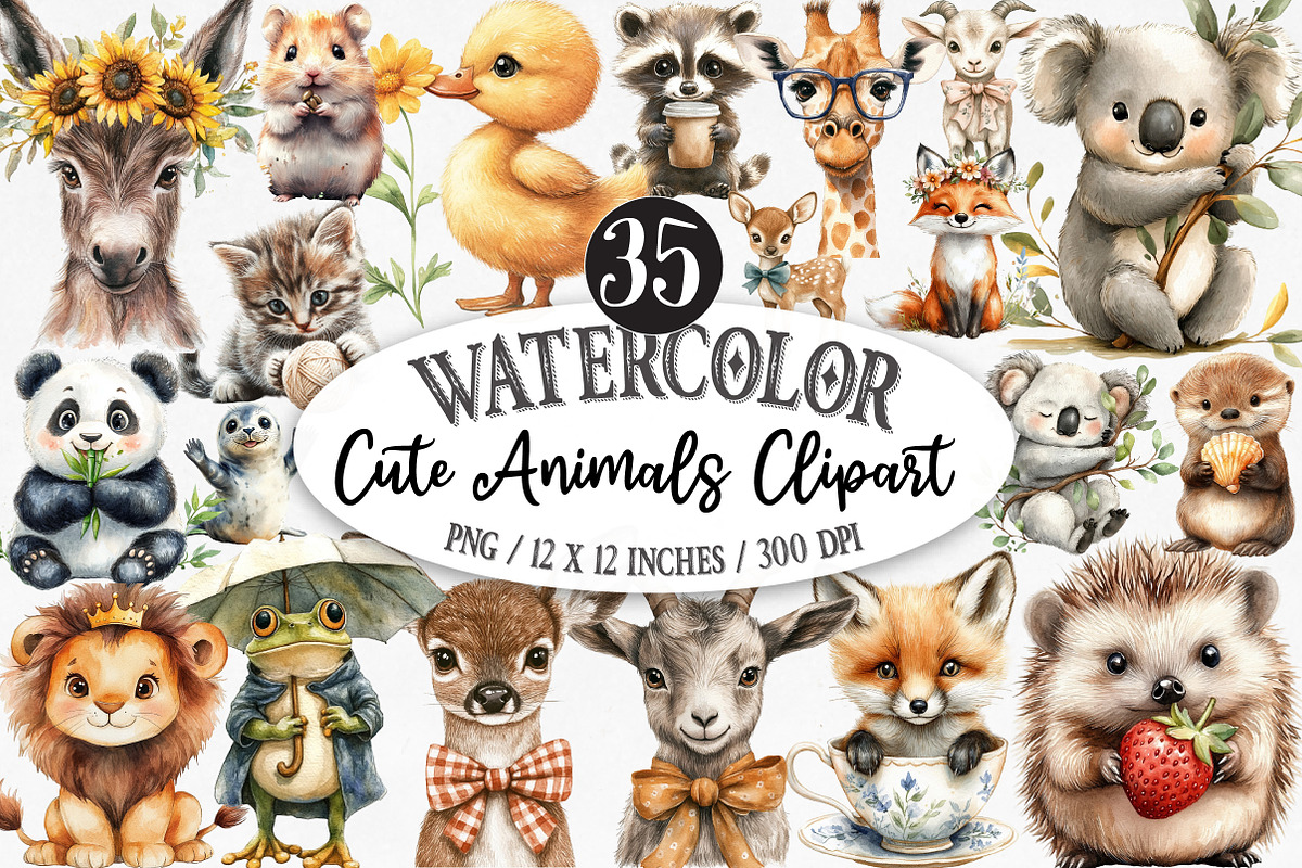 Watercolor Cute Animals Clipart, an Illustration by Designking (Photo 1 of 5)