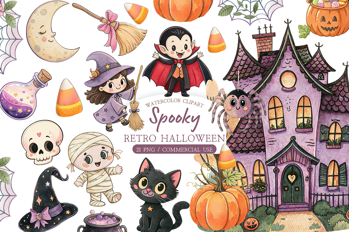 Vintage Halloween Clipart, a Decorative Illustration by MockupWizard (Photo 1 of 4)