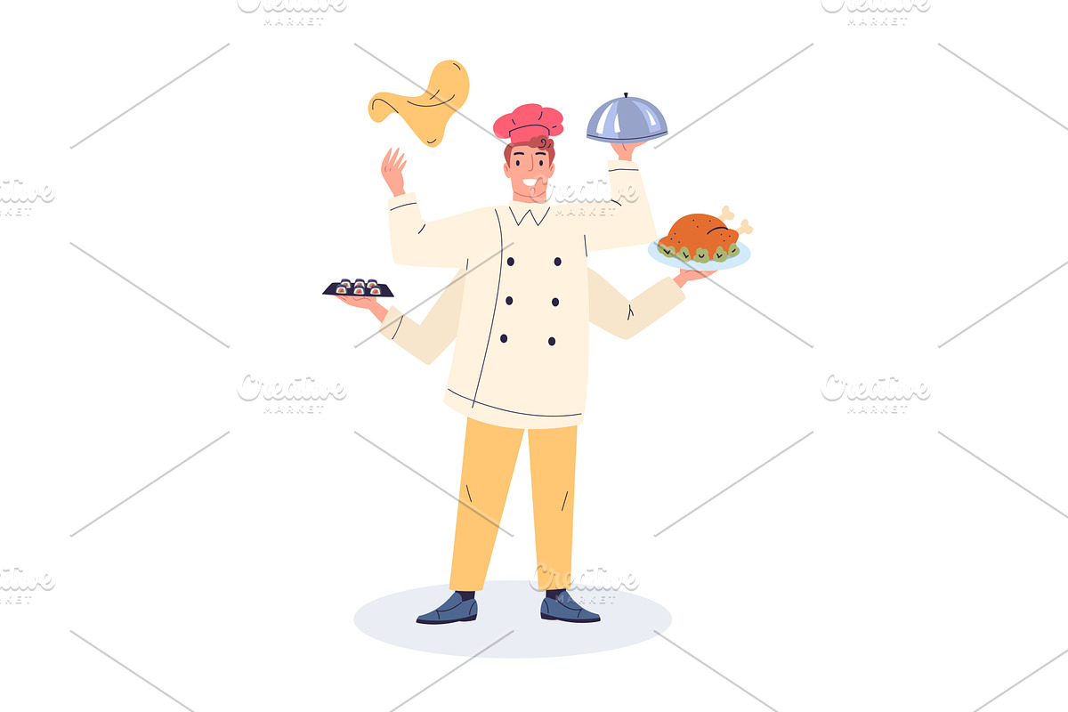 Multitasking cook. Cartoon busy chef, a Food Illustration by Stock-Smart-Start