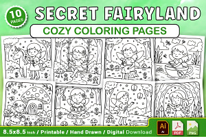 Secret Fairyland Cozy Coloring Pages, a Decorative Illustration by Design Station