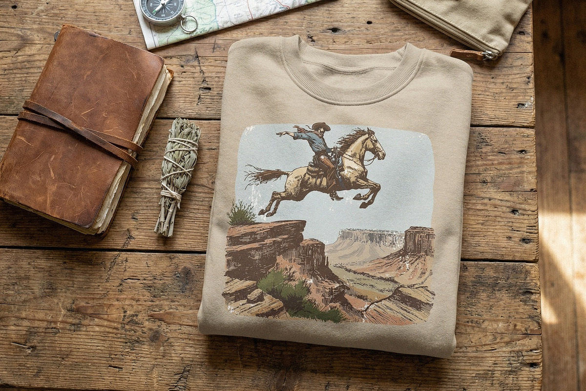 Cowboy Leaping Canyon PNG, Western, an Illustration by SharpMarketplace