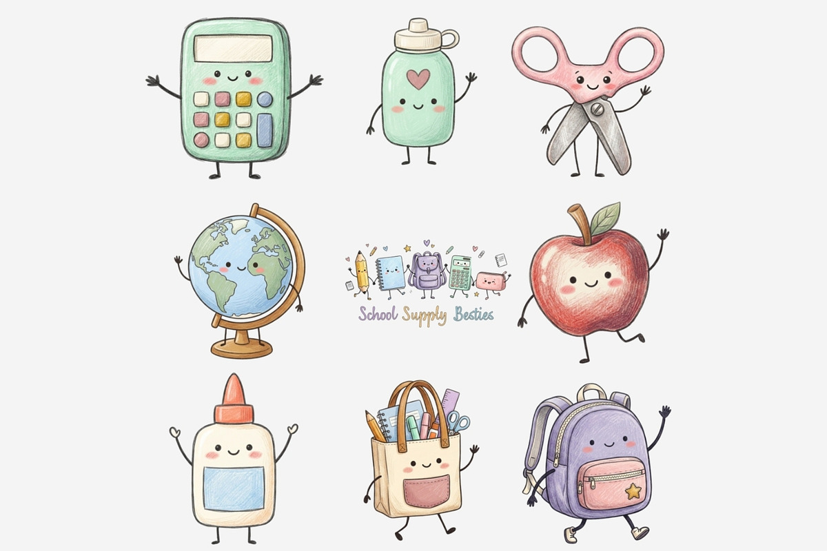 School Supply Besties Clipart Bundle, a Seasonal Illustration by Tanya Kart (Photo 8 of 10)