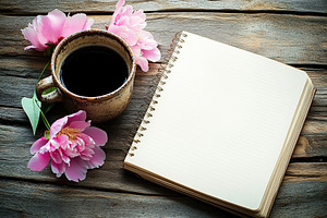 Notepad with cup of coffee on wooden table, a Food & Drink Photo by AlyaAnd
