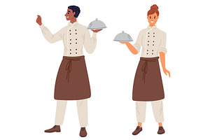 Male and female chef hold tray food, a Person Illustration by Vectorbuum