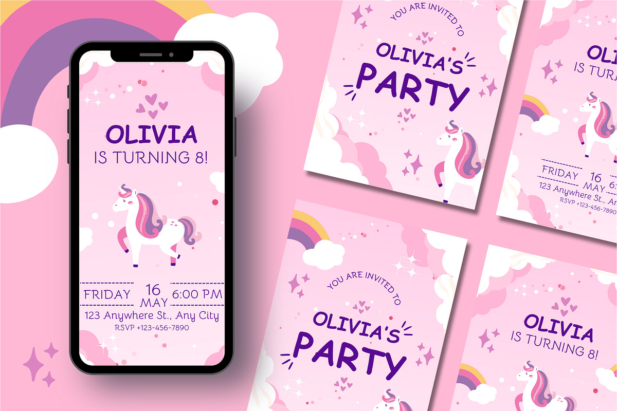 Unicorn Birthday Party Invitation, a Design Template by TemplateCastleStore (Photo 2 of 5)