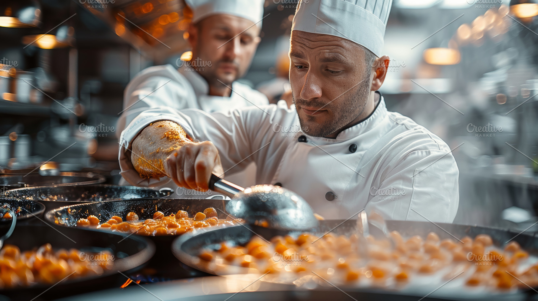 Professional Chefs Cooking Exquisite Pasta Dish in Commercial Ki, a Person Photo by AS photostudio