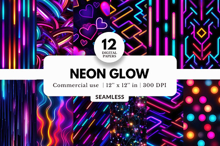 12 Neon Glow Digital Papers, a Pattern Graphic by NorthWindPixels