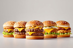 Row of classic cheeseburgers on white background, a Food & Drink Photo by AlyaAnd