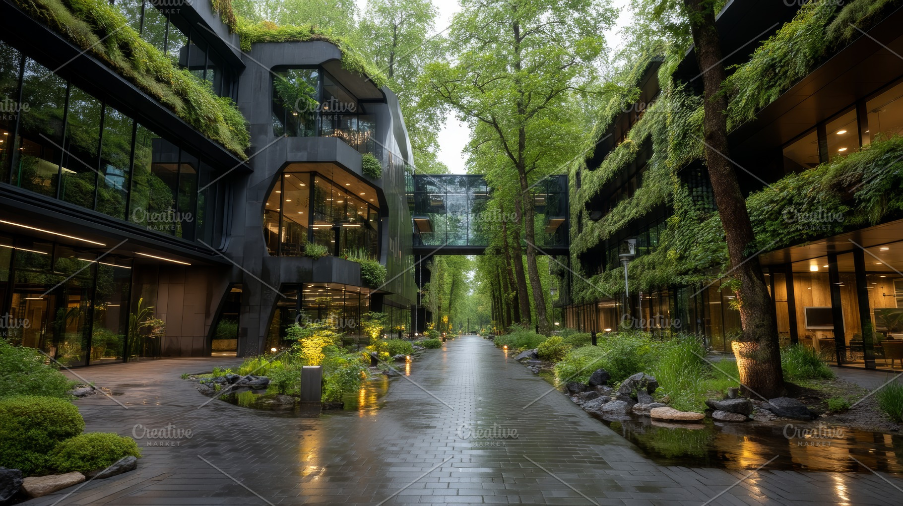 Sustainable urban office courtyard with green facades, glass bridge and biophil, a Photo by AS photostudio