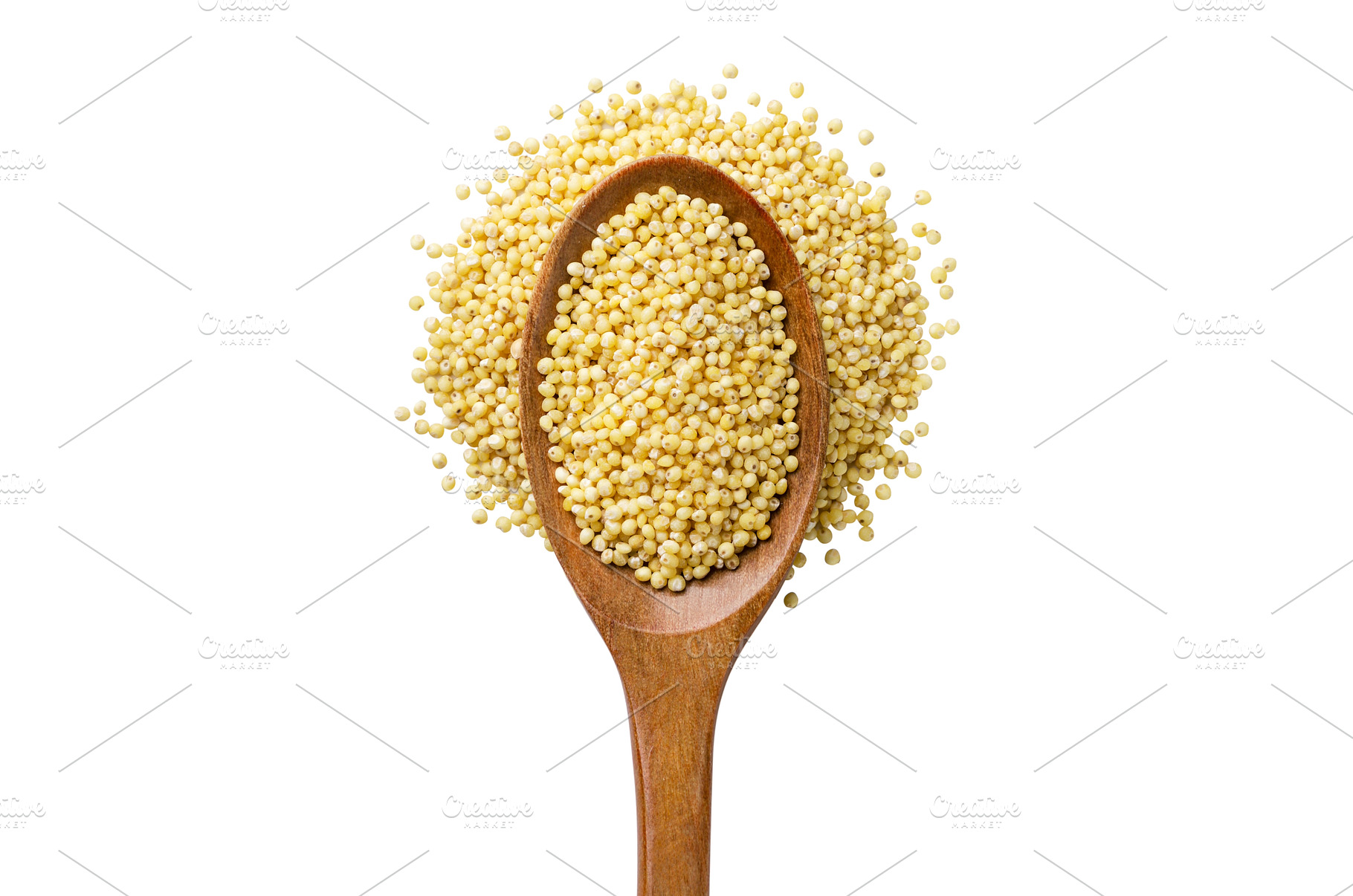 Millet in a wooden spoon on a white, a Food & Drink Photo by innakreativ