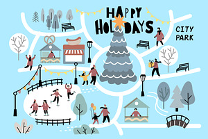 Christmas In Big City. Vector Maps.