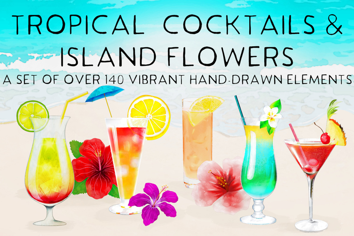 Tropical Cocktails & Flower Set, a Food Illustration by Little Bunny Sunshine (Photo 1 of 9)