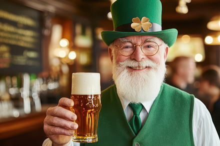 Senior man with a white beard wearing a green top hat and vest, holding a beer, a Person Photo by Mashimara