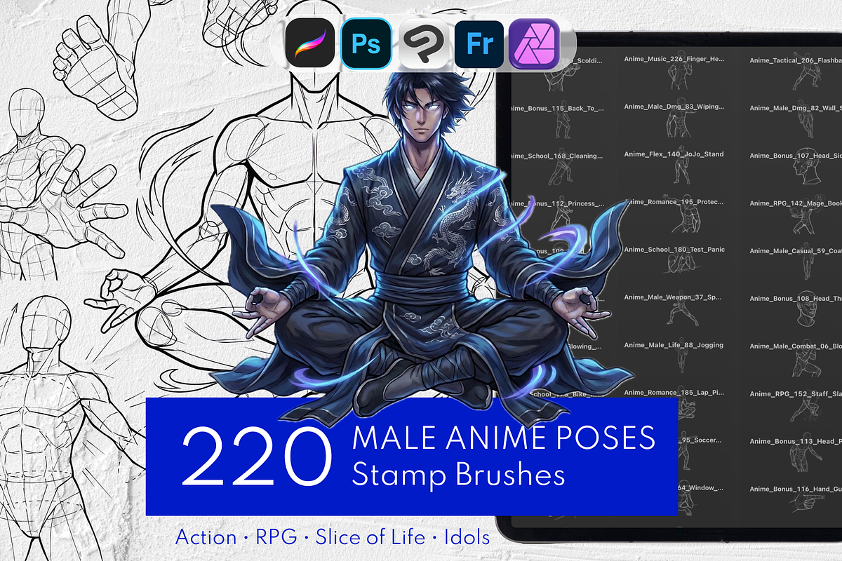 220 Male Anime Poses Procreate Stamp, a Brush Add-On by Selentaori Studio (Photo 1 of 11)