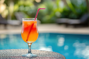 Vibrant cocktail served on a table by a sparkling poolside during a sunny after, a Food & Drink Photo by AlyaAnd