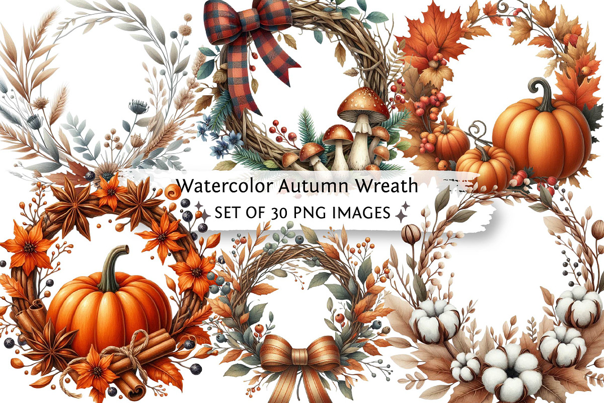 Watercolor Autumn Wreath Clipart Bun, an Illustration by DreamPrint404 (Photo 1 of 6)