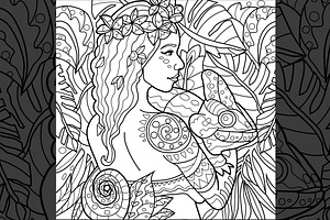 Exotic Girl With Chameleon Line Art