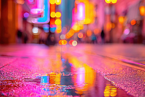 Vibrant city street with neon reflections at dusk, an Architecture Photo by AlyaAnd