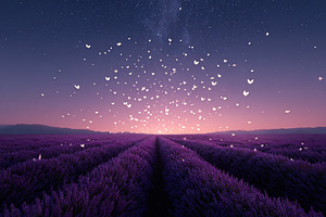 Lavender field at dusk with butterflies dancing in the twilight sky, a Photo by AlyaAnd