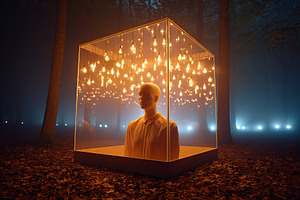 Mysterious display with mannequin and glowing bulbs in a dense forest at night, a Photo by AlyaAnd